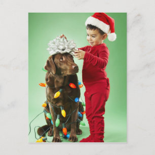 Cartes Pour Fêtes Annuelles Jeune garçon enroulant des lumières de Noël autour