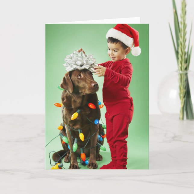 Cartes Pour Fêtes Annuelles Jeune garçon enroulant des lumières de Noël autour (Devant)
