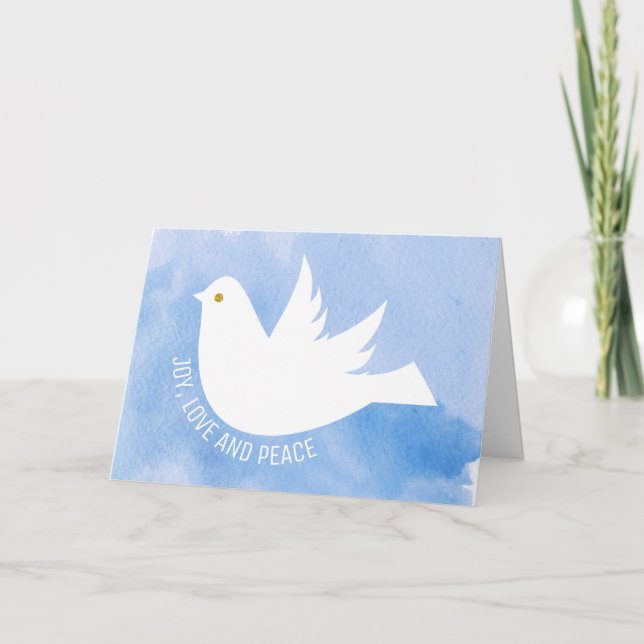 Cartes Pour Fêtes Annuelles Joie, Amour et Paix colombe aquarelle bleue (Devant)