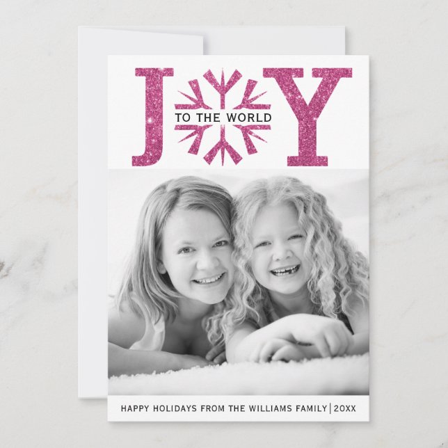Cartes Pour Fêtes Annuelles Joie au monde fuchsia rose flocon Noël (Devant)
