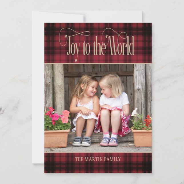 Cartes Pour Fêtes Annuelles Joie au monde Noël Rouge Buffle Noir Plaid (Devant)