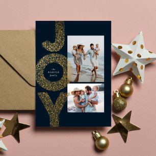 Cartes Pour Fêtes Annuelles Joie deux photos Noël faux or marine