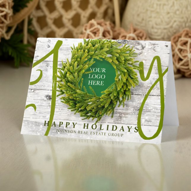 Cartes Pour Fêtes Annuelles Joie et pin avec logo Modern Rustic Business (Créateur téléchargé)