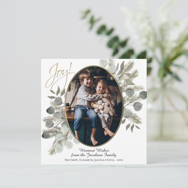 Cartes Pour Fêtes Annuelles Joie ! Eucalyptus Feuilles & Pine Gold Photo Frame (Debout devant)
