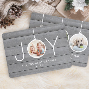Cartes Pour Fêtes Annuelles Joie Noël Ornements Simple Grey Wood 4 Photo