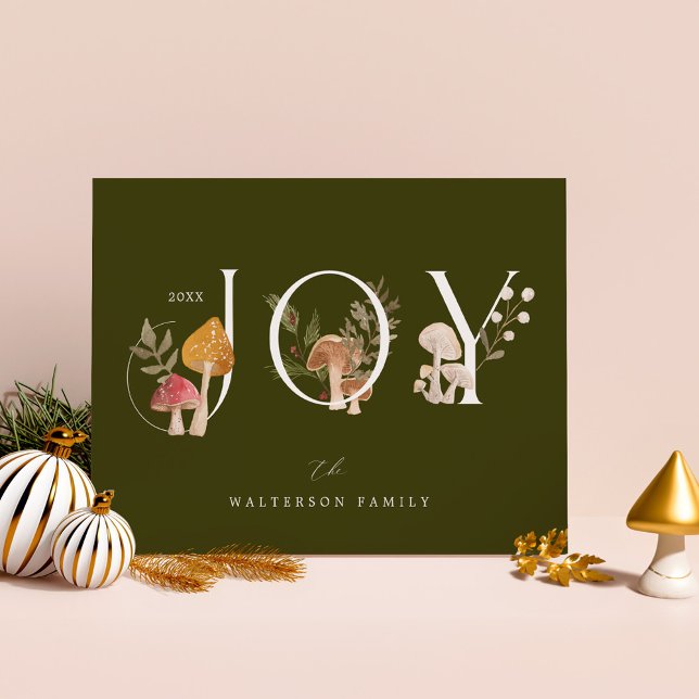 Cartes Pour Fêtes Annuelles Joie Rustique Woodsy Aquarelle Champignons Noël (Joy Rustic Woodsy Watercolor Mushroom Christmas Holiday Card)