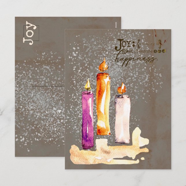 Cartes Pour Fêtes Annuelles Joie! Trio de bougies aquarelle pailletée (Devant / Derrière)
