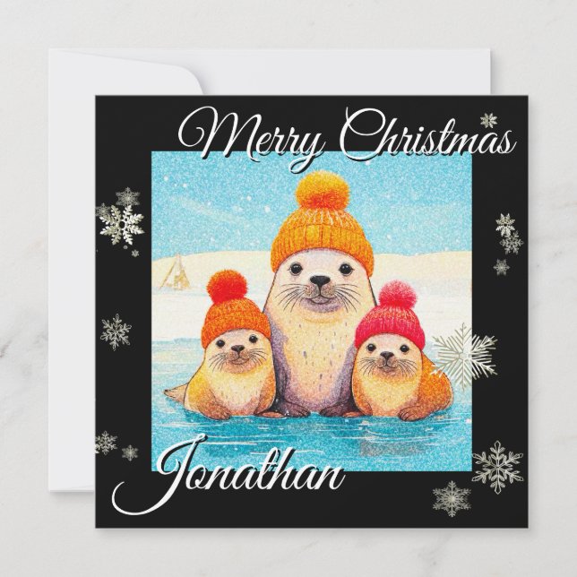 Cartes Pour Fêtes Annuelles Joints mignons avec casquette tricoté illustration (Devant)