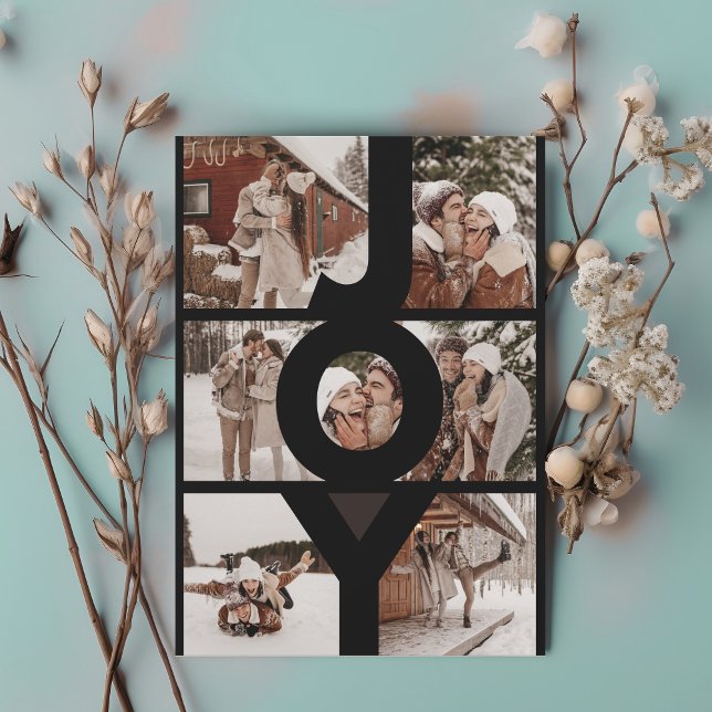 Cartes Pour Fêtes Annuelles JOIY moderne plusieurs photos couples (Couples multiple collage photo. large bold letters spelling JOY. modern and contempory)