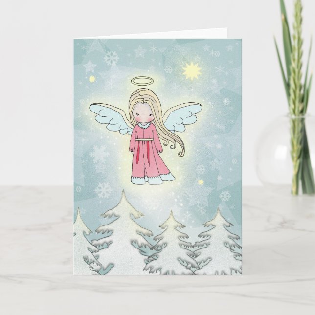 Cartes Pour Fêtes Annuelles Joli ange de Noël au-dessus des arbres (Devant)
