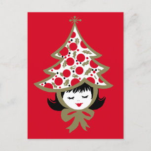 Cartes Pour Fêtes Annuelles Joli Arbre de Noël Rétro Girl Rouge Or