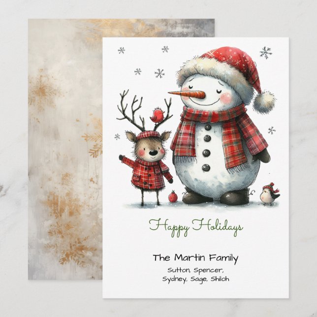 Cartes Pour Fêtes Annuelles Joli bonhomme de neige et renne (Devant / Derrière)