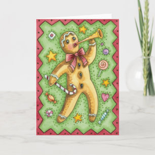 Cartes Pour Fêtes Annuelles Joli bonhomme en pain d'épices soufflant dans un c