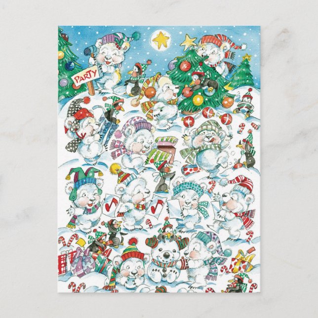 Cartes Pour Fêtes Annuelles Joli caricature Noël Polaire Ours Penguin Party (Devant)