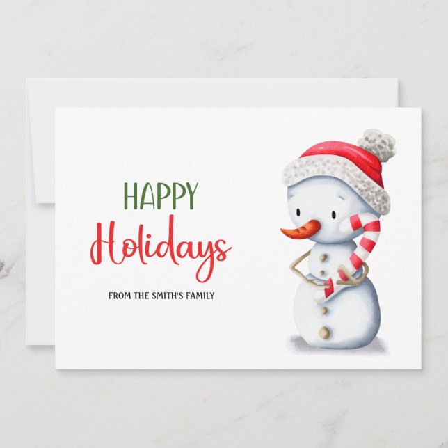 Cartes Pour Fêtes Annuelles Joli Casquette Rouge Sucre de canne Snowman Joyeux (Devant)
