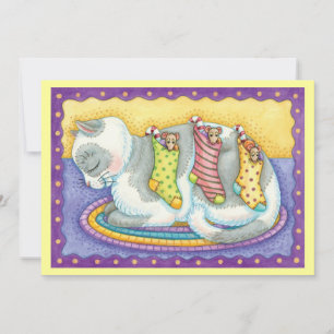 Cartes Pour Fêtes Annuelles Joli chat de Noël dormant avec des souris dans des