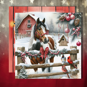 Cartes Pour Fêtes Annuelles Joli Cheval Brown et Blanc Ferme rustique Noël