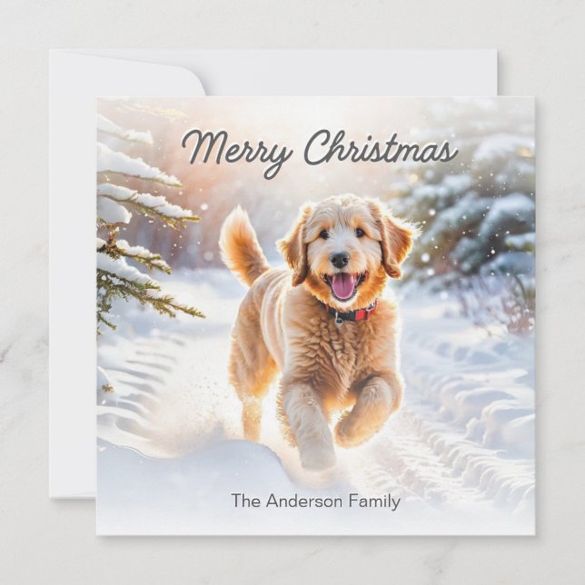 Cartes Pour Fêtes Annuelles Joli chien Goldendoodle dans neige Joyeux Noël (Devant)