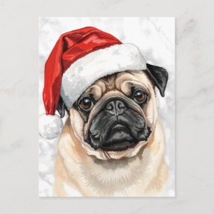 Cartes Pour Fêtes Annuelles Joli chien pug en chapeau de Père Noël aquarelle N