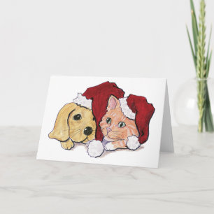 Cartes Pour Fêtes Annuelles Joli chiot Labrador de Noël et chat tigré orange