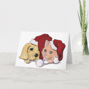 Cartes Pour Fêtes Annuelles Joli Christmas Labrador Puppy et Orange Tabby