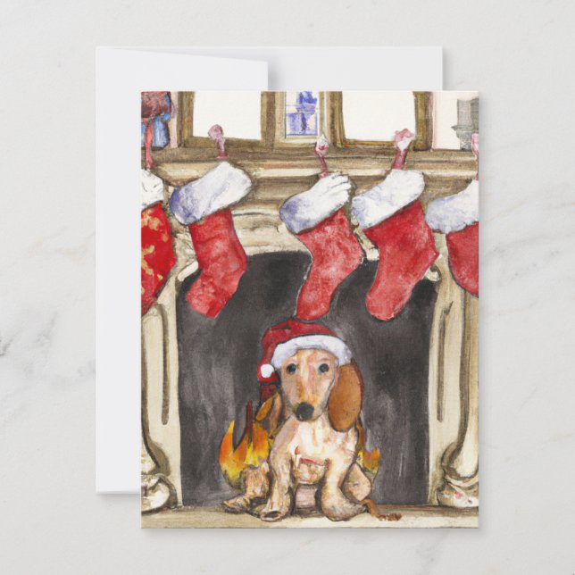 Cartes Pour Fêtes Annuelles Joli Dachshund et cheminée Aquarelle Noël (Devant)