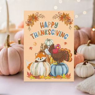 Cartes Pour Fêtes Annuelles Joli dindon et citrouilles rétro Joyeux Thanksgivi