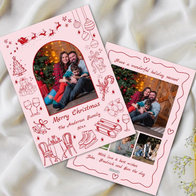 Cartes Pour Fêtes Annuelles Joli doodé Noël personnalisé photo fun rose (Créateur téléchargé)