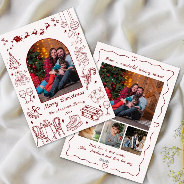 Cartes Pour Fêtes Annuelles Joli doodé Noël personnalisé photo fun rouge (Créateur téléchargé)