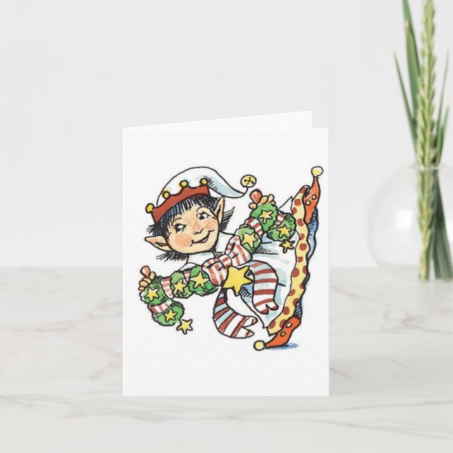 Cartes Pour Fêtes Annuelles Joli Elf Dancing, Caricature rétro de Noël (Devant)