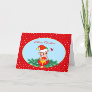 Cartes Pour Fêtes Annuelles Joli elfe et oiseau de Noël sur bleu clair et roug