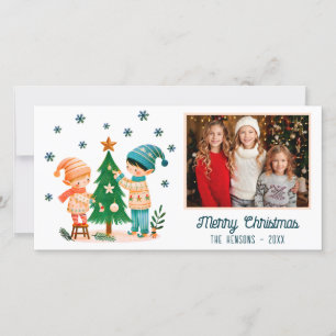 Cartes Pour Fêtes Annuelles Joli Enfants Décorant Arbre de Noël Photo
