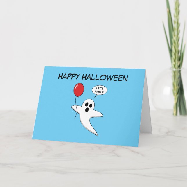 Cartes Pour Fêtes Annuelles Joli Fantôme Dessin Animé avec Ballon Rouge | Pers (Devant)