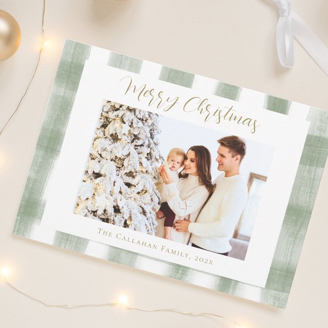 Cartes Pour Fêtes Annuelles Joli Gingham Vert Plaid Noël Photo Personnalisée (Elegant Cute Green Gingham Plaid Custom Photo Merry Christmas Card - Chic vintage style holiday card)