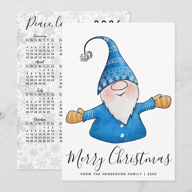 Cartes Pour Fêtes Annuelles Joli Gnome en Bleu Calendrier 2026 Joyeux Noël (Devant / Derrière)