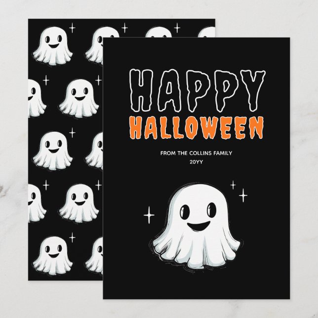 Cartes Pour Fêtes Annuelles Joli Halloween Ghost Orange et Black Éffrayant (Devant / Derrière)