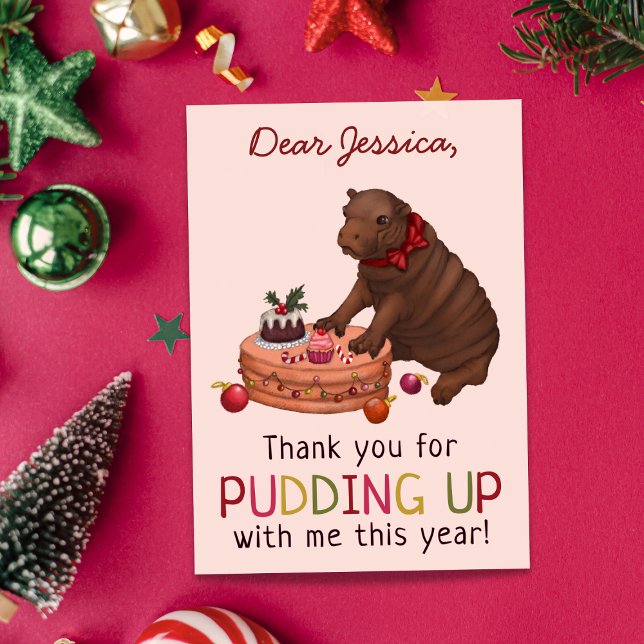 Cartes Pour Fêtes Annuelles Joli Hippo et Pudding drôle Merci de Noël (Créateur téléchargé)