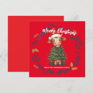Cartes Pour Fêtes Annuelles Joli joyeux Vache Noël arbre veau bœuf Xmas motif