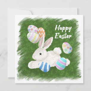 Cartes Pour Fêtes Annuelles Joli lapin blanc   Oeufs peints   Bonne Pâques