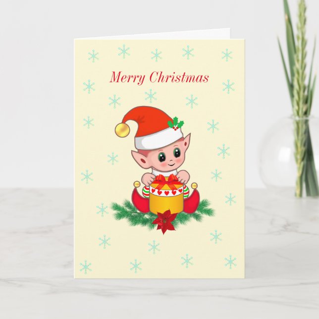 Cartes Pour Fêtes Annuelles Joli lutin de Noël et flocons de neige sur ivoire (Devant)