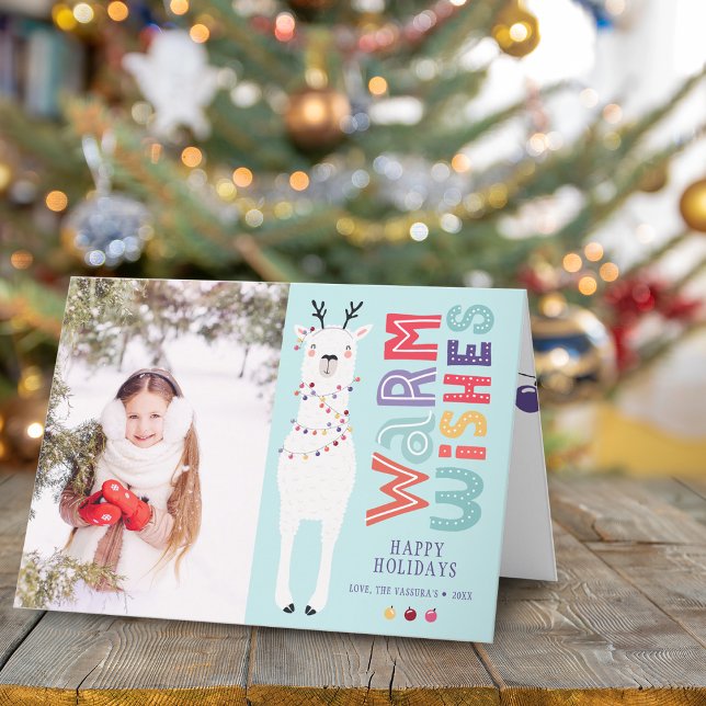 Cartes Pour Fêtes Annuelles Joli Noël moderne Llama String Lumière Photo (Cute Modern Christmas Llama String Lights Photo Holiday Card)