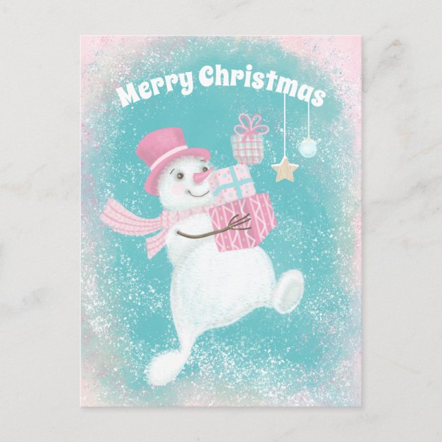 Cartes Pour Fêtes Annuelles Joli Noël Snowman rose et menthe (Devant)