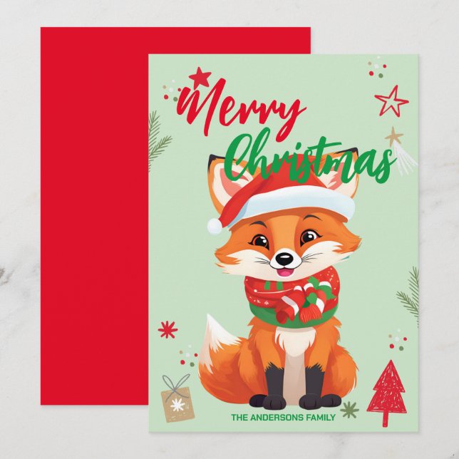 Cartes Pour Fêtes Annuelles Joli nom de famille renard rouge santa Noël vacanc (Devant / Derrière)