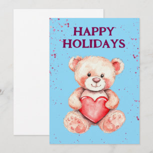 Cartes Pour Fêtes Annuelles joli ours caricature couleur d'eau avec coeur roug