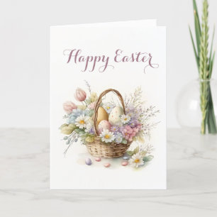 Cartes Pour Fêtes Annuelles Joli panier d'oeufs et de fleurs Pâques