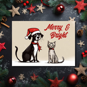 Cartes Pour Fêtes Annuelles Joli Père Noël Chien et Chat Joyeux et Bright Chri