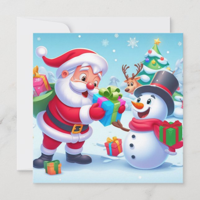 Cartes Pour Fêtes Annuelles Joli Père Noël et bonhomme de neige  (Devant)