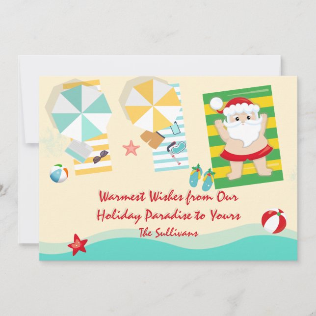 Cartes Pour Fêtes Annuelles Joli Père Noël sur la plage Joyeux appartement de  (Devant)