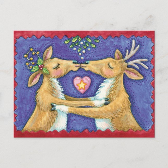 Cartes Pour Fêtes Annuelles Joli renne de Noël, Baiser romantique avec Mistlet (Devant)