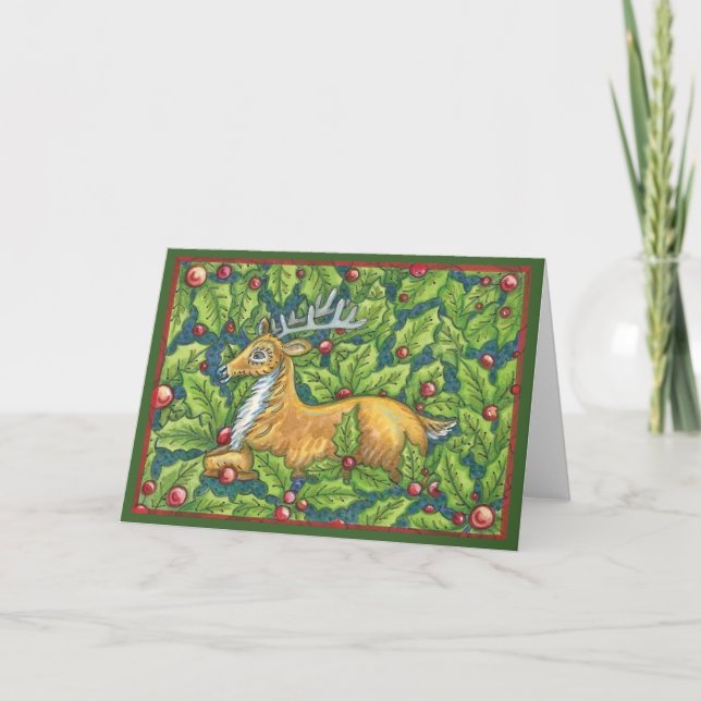 Cartes Pour Fêtes Annuelles Joli renne de Noël en forêt avec Holly (Devant)